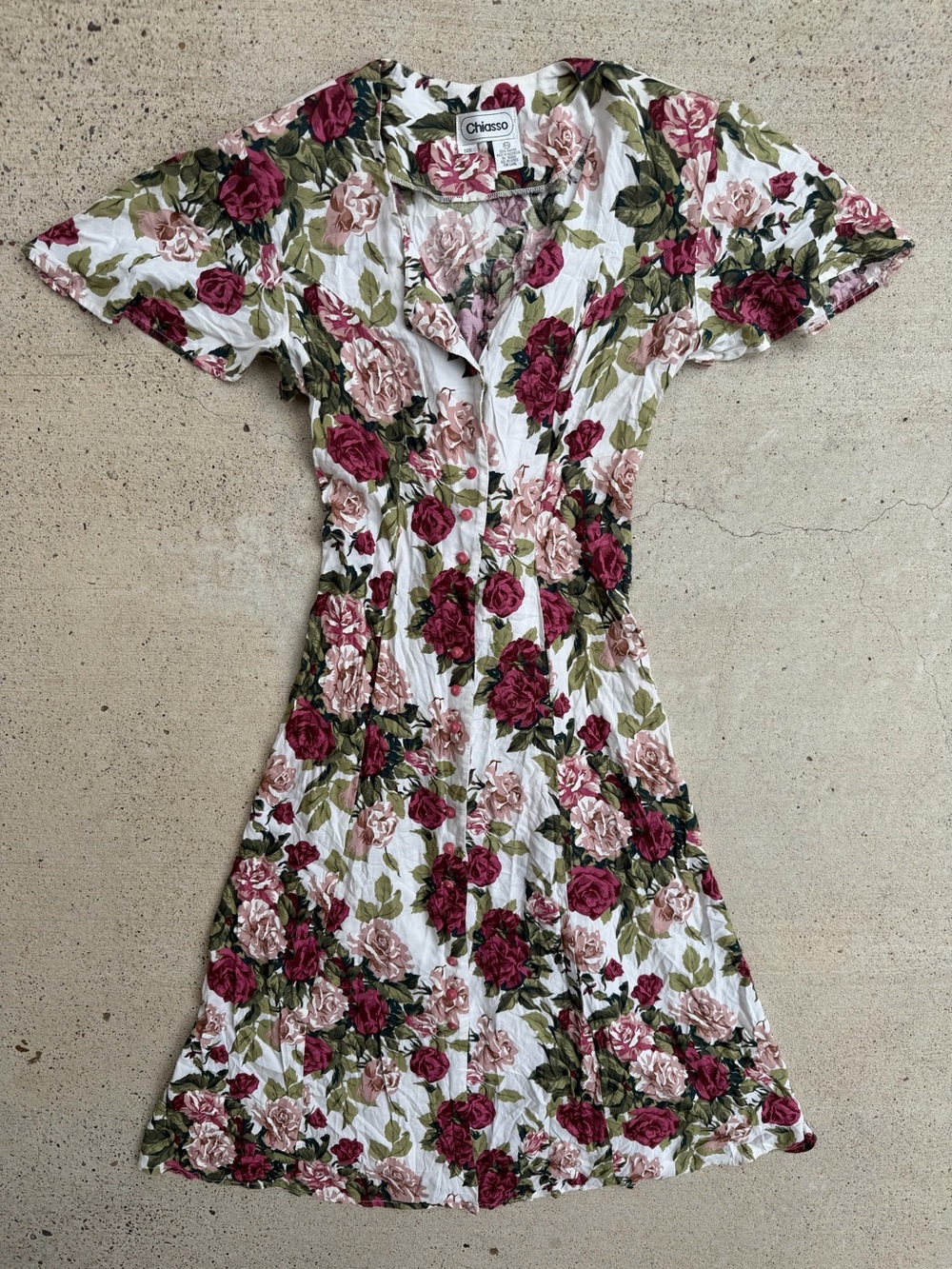 Chiasso Vintage 90s Cottagecore Floral Rose Lace Up Back Rayon Dress Womens 8/10